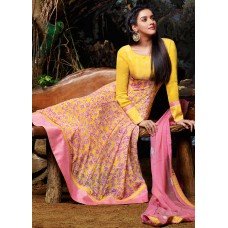 3031 Yellow and Pink Gorgeous Asin Printed Georgette Anarkali Style Suit 