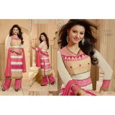 White and Pink CLASSIC KEYAS 4 GEORGETTE LONG LENGTH STRAIGHT SUIT
