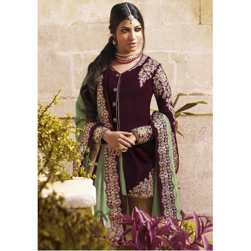 F 7313 Purple Floral Luster Straight Cut Velvet Salwar Suit