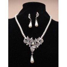 Bridal Pearl And Silver Crystal Necklace And Earrings Set