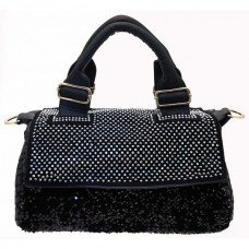 Black Diamante Sequinned Soft Faux Leather Hand Bag with Long Strap