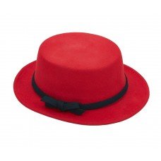 Red fedora style hat with black bow hat