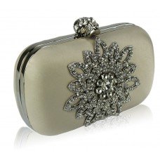 Beige Sparkly Satin Crystal Evening Clutch Bag