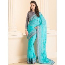 CS-30 SILVER EMBROIDERED BORDER PARTY WEAR SAREE WITH ORNATE JACKET STYLE BLOUSE (READY MADE)